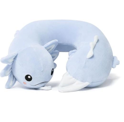 Niuniu Daddy Blue Axolotl Kids Travel Pillow Road Trip Essentials for 3-8 Y/O, Soft Memory Foam Kids Neck Pillow for Airplane Car Travel Portable Cervical Pillow with Boys Girls for Long Trip