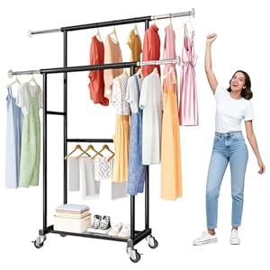 SUFAUY 80" Industrial Grade Clothing Rack for Hanging Clothes, Heavy Duty Double Rolling Portable Garment Coat Rack with Wheels, Load 400 LBS, Black