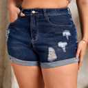 MapleHub Plus Size Women's Ripped Denim Jean Shorts High Waisted Stretchy Folded Hem Short Jeans (Dark Blue 2)