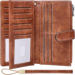 Womens Wallet RFID Blocking Large Capacity Credit Card Holder Long Purses for Women with Wristlet Pocket ID Window (Dd-Brown)