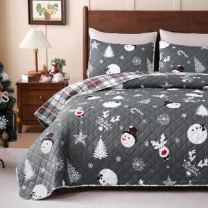 Invoibler Christmas Quilt Set 3PC Queen Size Grey Printed Quilts Reversible Bedspread Coverlet Set with Snowman Reindeer Xmas Tree Soft Lightweight Coverlet Bedding Set(1 Quilt, 2 Pillow Shams) (Queen(90"x90"))