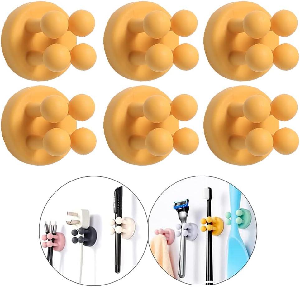 Silicone Toothbrush Holders - 6Pcs Razor Hooks Adhesive Wall Mounted for Hanging Towel Key Plug Cable, Utility Decor Stick to Dorm Room Door Function for Kitchen Bathroom Home Office, Yellow