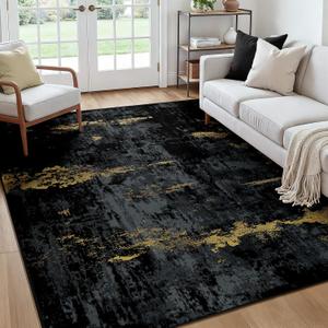 RELEANY Washable Area Rugs Square 7ft Non-Slip Modern Abstract Soft for Living Room Entryway Bedroom Nursery, Print Pattern, Dark Black Gold