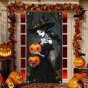 3 x Skeleton Witch Holding Pumpkins Door Cover Halloween Decorations 35x71 Inch Gothic Haunted House Banner for Scary Party Indoor Wall Backdrop