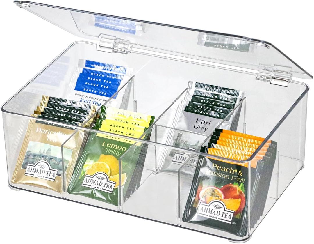 Clear Tea Bag Organizer, Dresser Organizers Drawer Organzier Storage Container with Removable Dividers, Plastic Storage Bin with Lid, Organizer for Scarves Ties Bras (Medium-8 Grids)