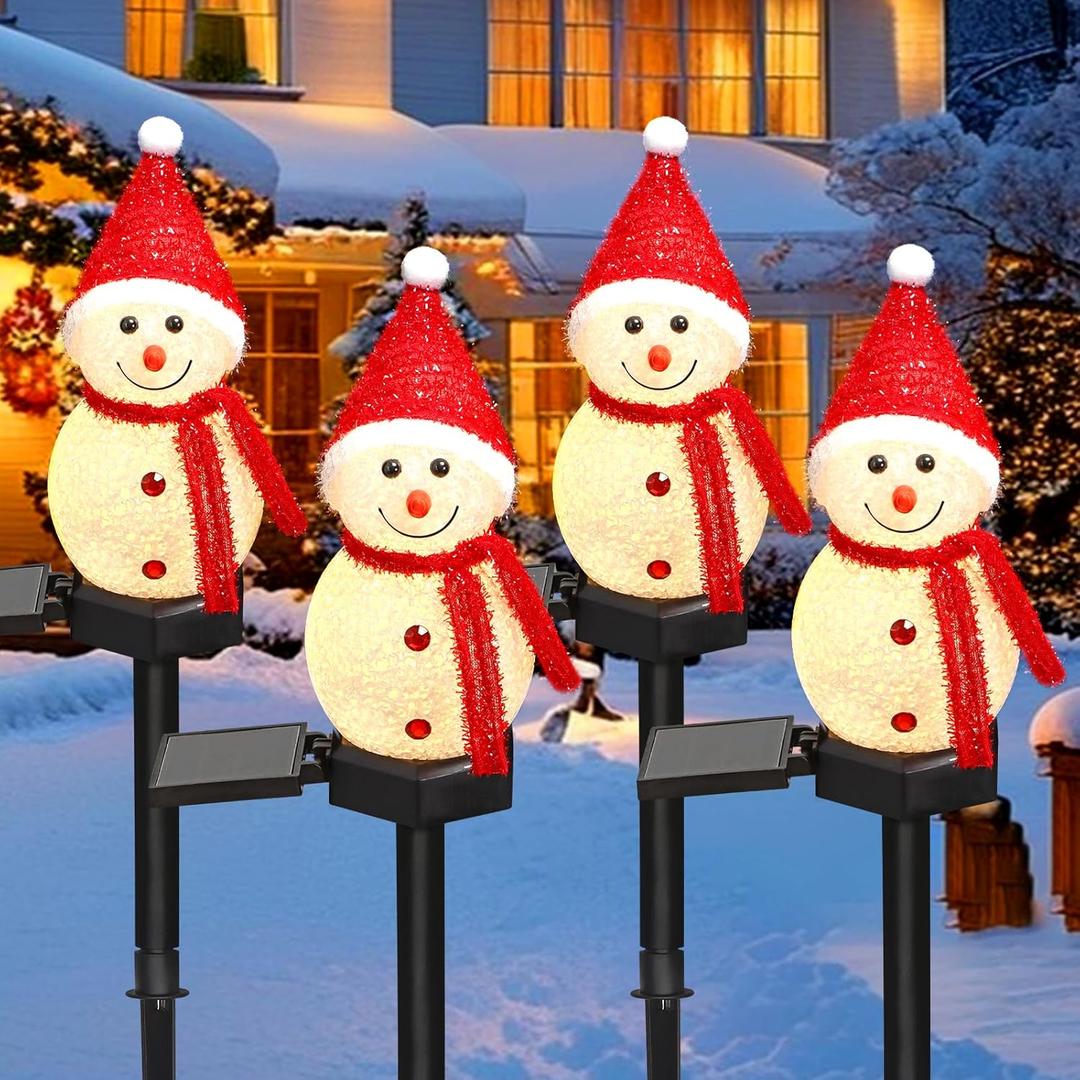 Solar Christmas Pathway LightSet of 4 Solar Snowman Lights Waterproof Outdoor Christmas Decorations for Xmas Winter Holiday Walkway Lawn Yard Garden Patio Decor (Red,Red,Red,Red, 4PCS)