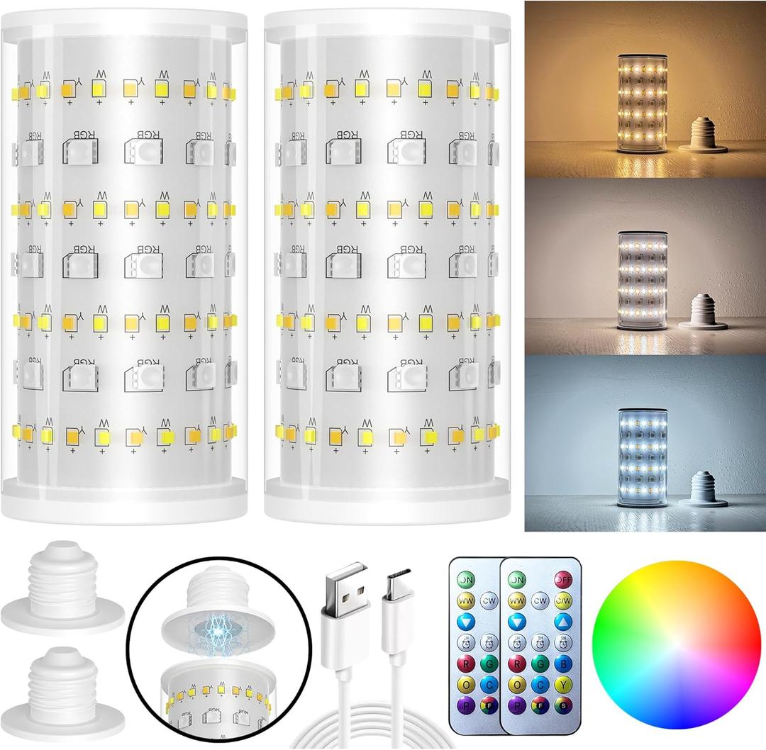 2 Packs Rechargeable Emergency Light Bulbs with Remote and Timer, 10000 mAh Battery Operated Light Bulb For No-Hardwired Fixture, RGB Dimmable Wireless Light Bulbs For Home Power Outage Hurricane