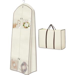 MISSLO Portable 70" Wedding Dress Garment Bag with Bride Tote Bag 8'' Gusseted Dress Bags for Gowns Long 4 Pockets Dress Cover for Women, Beige