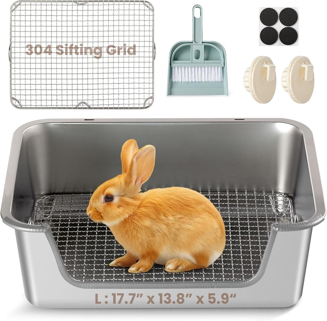 Rabbit Litter Box, Extra Large Bunny Litter Box with 304 Stainless Steel Sifting Tray & Hooks, Rabbit Litter Box, Easy to Clean and Odor Control (17.7"  13.8"  5.9")