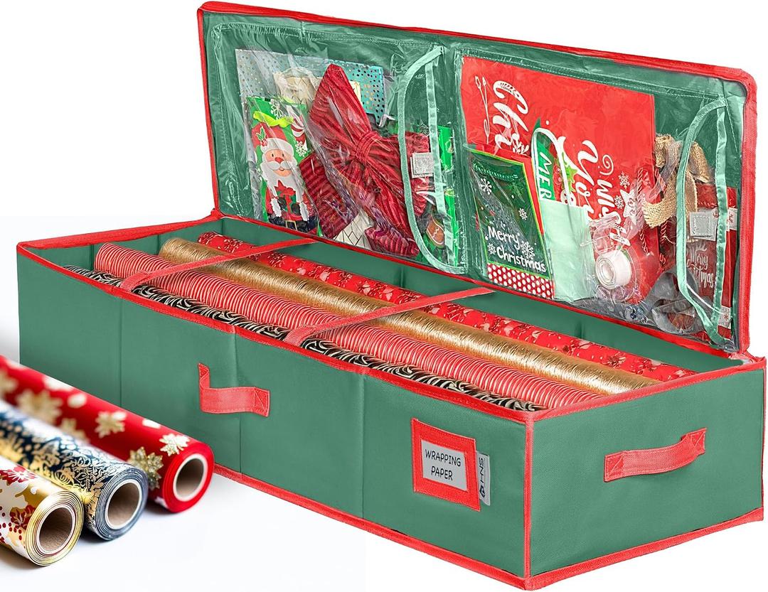 HOLDN STORAGE Premium Wrapping Paper Storage Container - Durable 600D Tear-Proof, Fits 27 Rolls Gift Wrap, Extra Pockets for Ribbons & Bows, Underbed Storage - Ideal for Holiday Christmas, Green