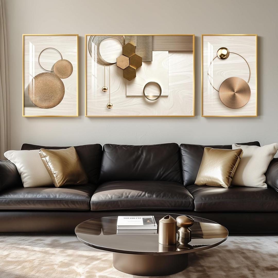 Extra Large Framed Modern Luxury Wall Art for Living Room, 3 Piece Bright Style Bronze Gold Abstract Geometric Prints Wall Paintings Artwork for Walls, Gold Framed Wall Pictures for Hallway Stair Office Wall Decor, Size: 30" H x 80" W