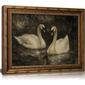 YUANNING Vintage Gold Frame Swan Couple Wall Art Elegant Swan Painting Canvas Modern Farmhouse Cottagecore Picture Wall Decor Dark Academia Lake Nature Aesthetic Print Artwork For Bedroom Living Room