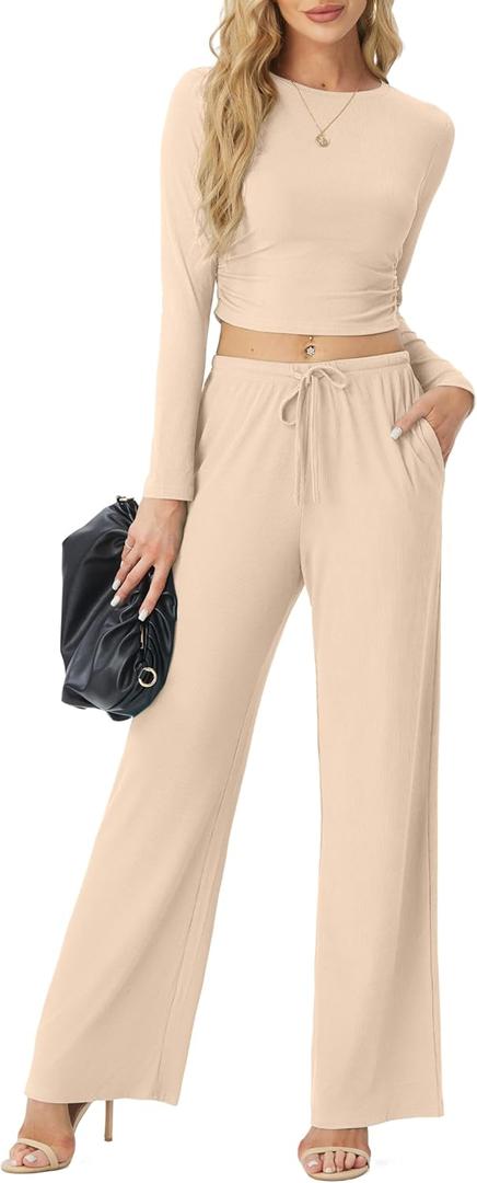 Women's Two Piece Outfits Lounge Sets Long Sleeve Ruched Top & Wide Leg High Waist Pants with pockets (XL)