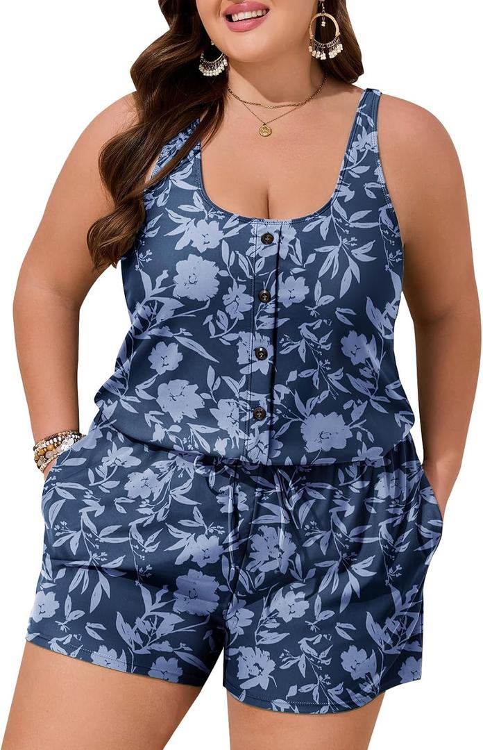 Summer Mae Plus Size Swim Romper for Women One Piece 2026 Modest Swimsuit | Bathing suit,Button design,Adjustable tie at waist,Side pockets,Tummy control,Adjustable shoulder strap,Blouson,Beach,Pool (Blue) 20Plus