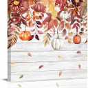 Orange Brown Eucalyptus Leaves Pumpkins Fall Canvas Wall Art Autumn Thanksgiving Watercolor Leaf Vintage Wood Grain Framed Modern Wall Decor Gallery Canvas Wraps Giclee Print Ready to Hang 12" x 12"