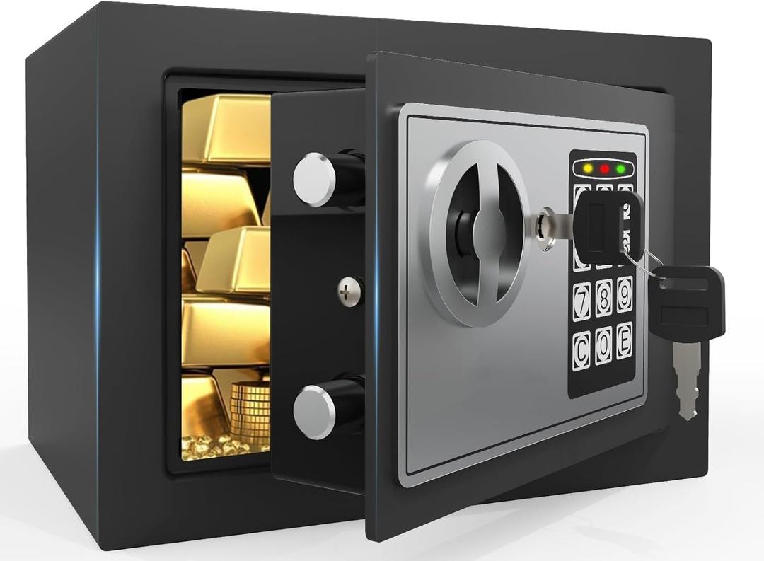 PATRON Small Safe Box for Money with Code and Keys，Solid Mini Safe for Kids with Digital Electronic Security Keypad for Home Office Hotel,Personal Money Safes for Cash,0.236 Cuft (Black)