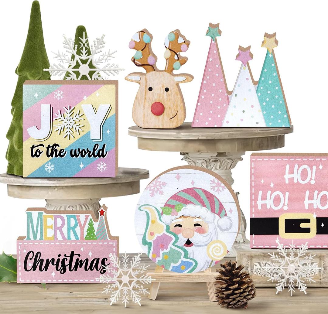 Merry Christmas Tiered Tray Decor, Pink Xmas Tree Santa Deer Tray Decorations, Hohoho Joy to The World Snowflake Wooden Signs, Holiday Rustic Farmhouse Home Decor for Table Shelf Mantel Party