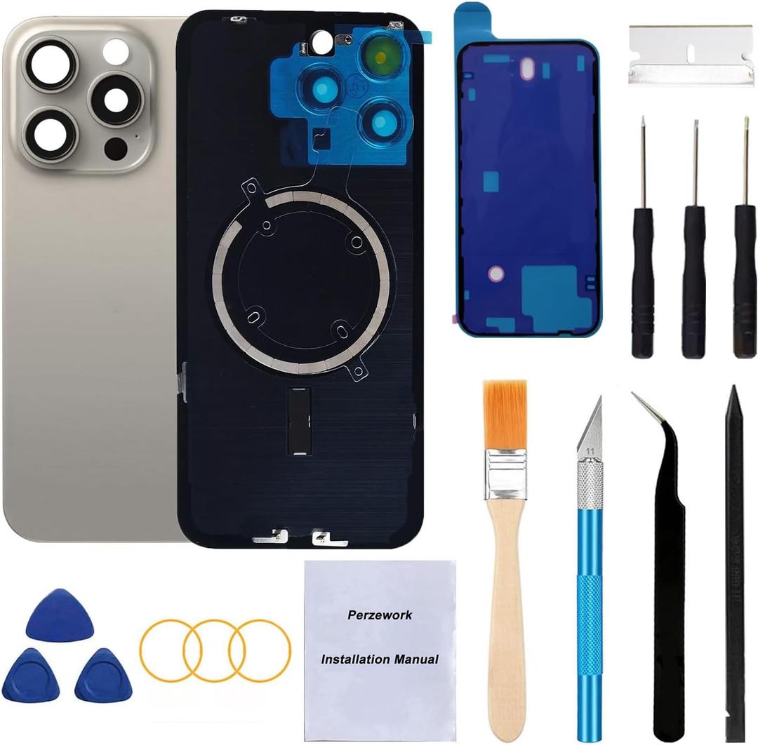 Rear Back Glass Replacement for iPhone 15 Pro Max 6.7-inches + Pre-Installed Plate and Camera Frame and lens + Repairing Tool Kit (Natural Titanium)