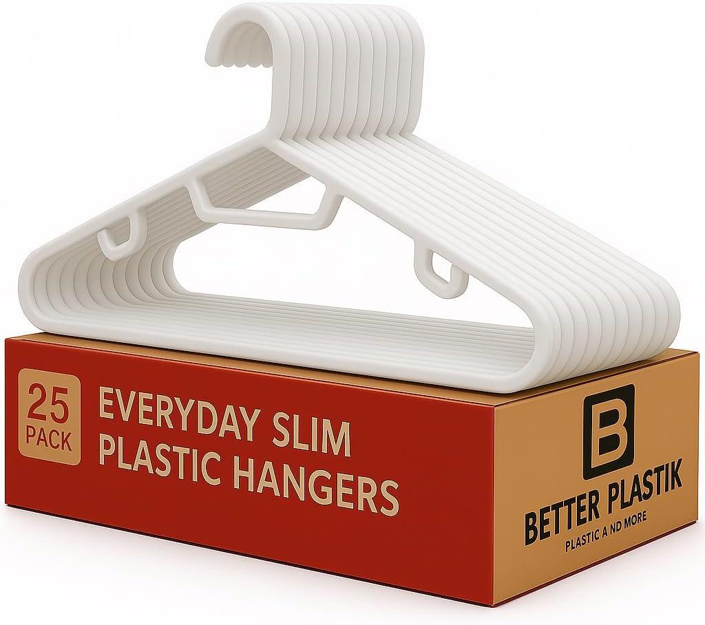 Plastic Hangers 25 Pack - Space Saving Clothes Hanger - Durable and Strong Closet Organizers and Storage Makes It Ideal Apartment or Dorm Room Essentials for Girls or Guys (White)