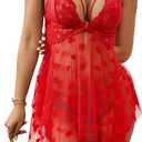 Sexy Lingerie for Women Lace Babydoll with Heart Print V Neck Nighty Mesh Sleepwear Front Slit Nightdress (Red, M)