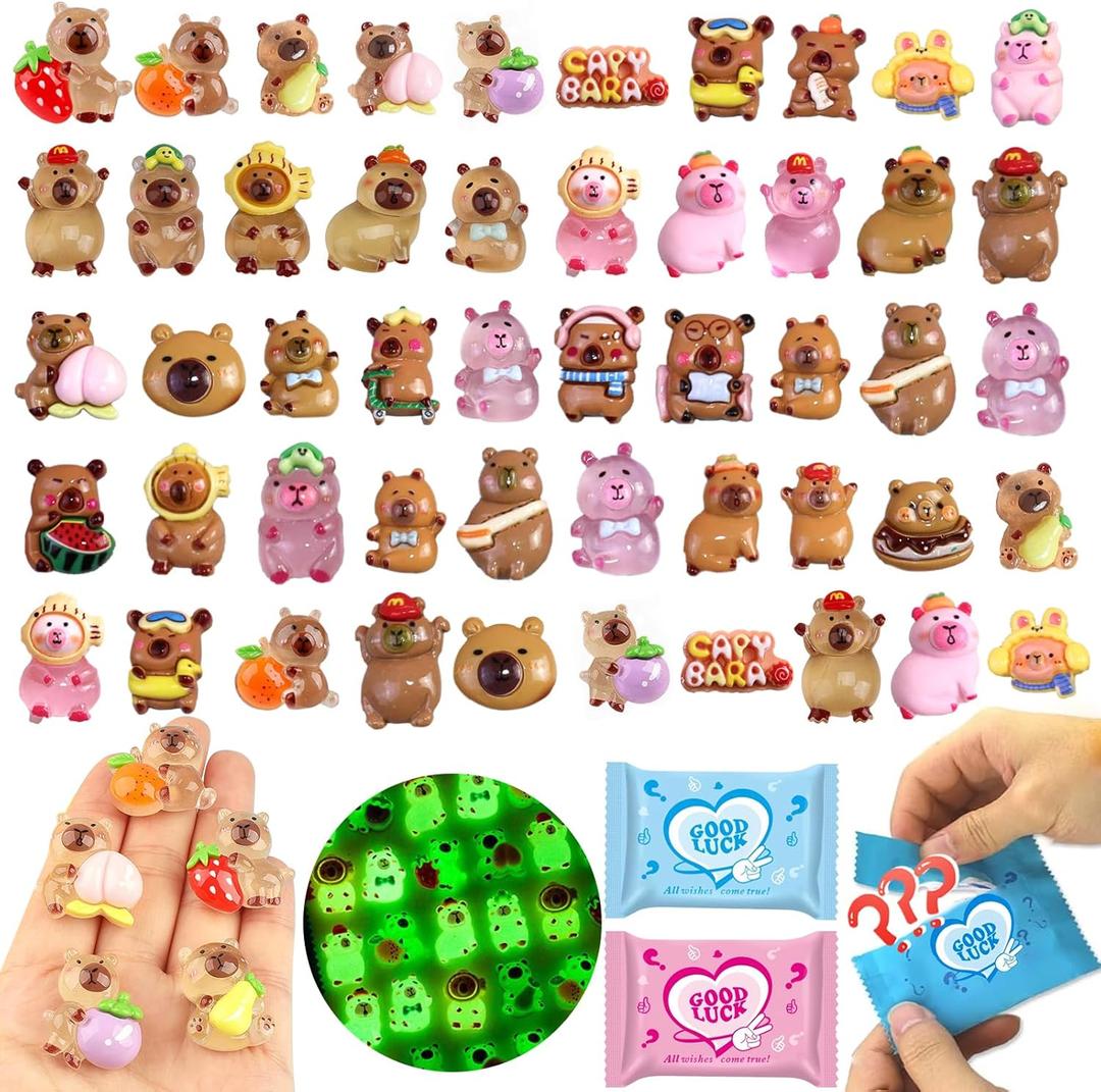 50 Pcs Random Mini Capybara with Glow in the Dark Feature, Individually Packaged Blind Bags  Cute Collectible Resin Toys for Kids, Fairy Gardens, Desk Decor, Party Favors, and Creative DIY Projects