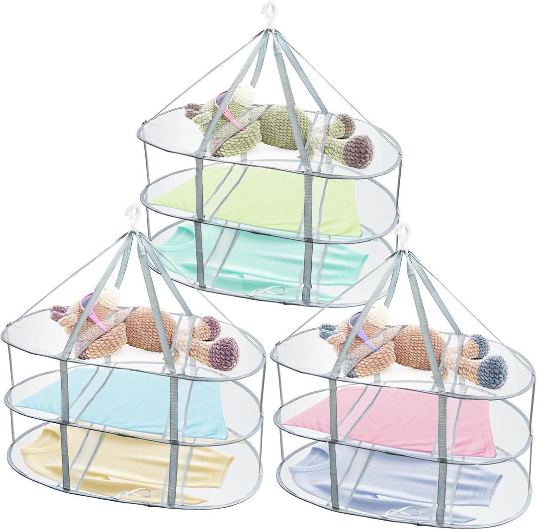 Jucoan 3 Pack 3 Tier Laundry Drying Rack, Sweater Drying Rack Flat Mesh, Folding Mesh Clothes Drying Rack for Sweaters Bras Delicates Dolls