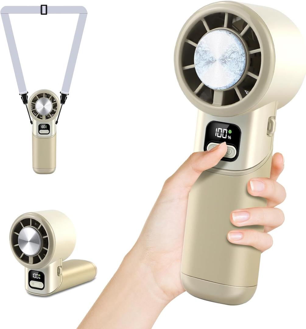 High-Speed Portable Handheld Turbo Fan with Ice Cooler, LED Display, 3600mAh Rechargeable Fan, Up to 9H Runtime, 90Foldable Mini Fans for Travel, Commute, Outdoor, Gifts for Women Men (BG)