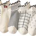 GORGLITTER Women's 5 Pairs Crew Socks Vintage Cute Patterned Casual Dress Ankle Socks (White, L)