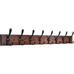 IBosins Wall Mounted Coat Rack, 31-2/5'' Long, Entryway Hanging Rack, Metal Wood Coat Hooks Rack with 8 Black Rustic Tri-Hooks Rail for Coat, Bag, Towel, Key, Hat, Umbrella (Brown)