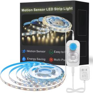 Motion Sensor Led Light Strip - Under Cabinet Lighting with Power Adapter, 6 Adjustable Brightness and Timing, Light Strips for Kitchen Cabinets, Stair, Showcase, Bedroom, 16.4ft 3000K Warm White