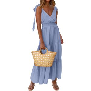 PRETTYGARDEN Women's Cross Neck Summer Sleeveless Tiered Maxi Dress Beach Tie Strap Smocked Long Dresses Pleated Sundress (Grey Blue, Small)