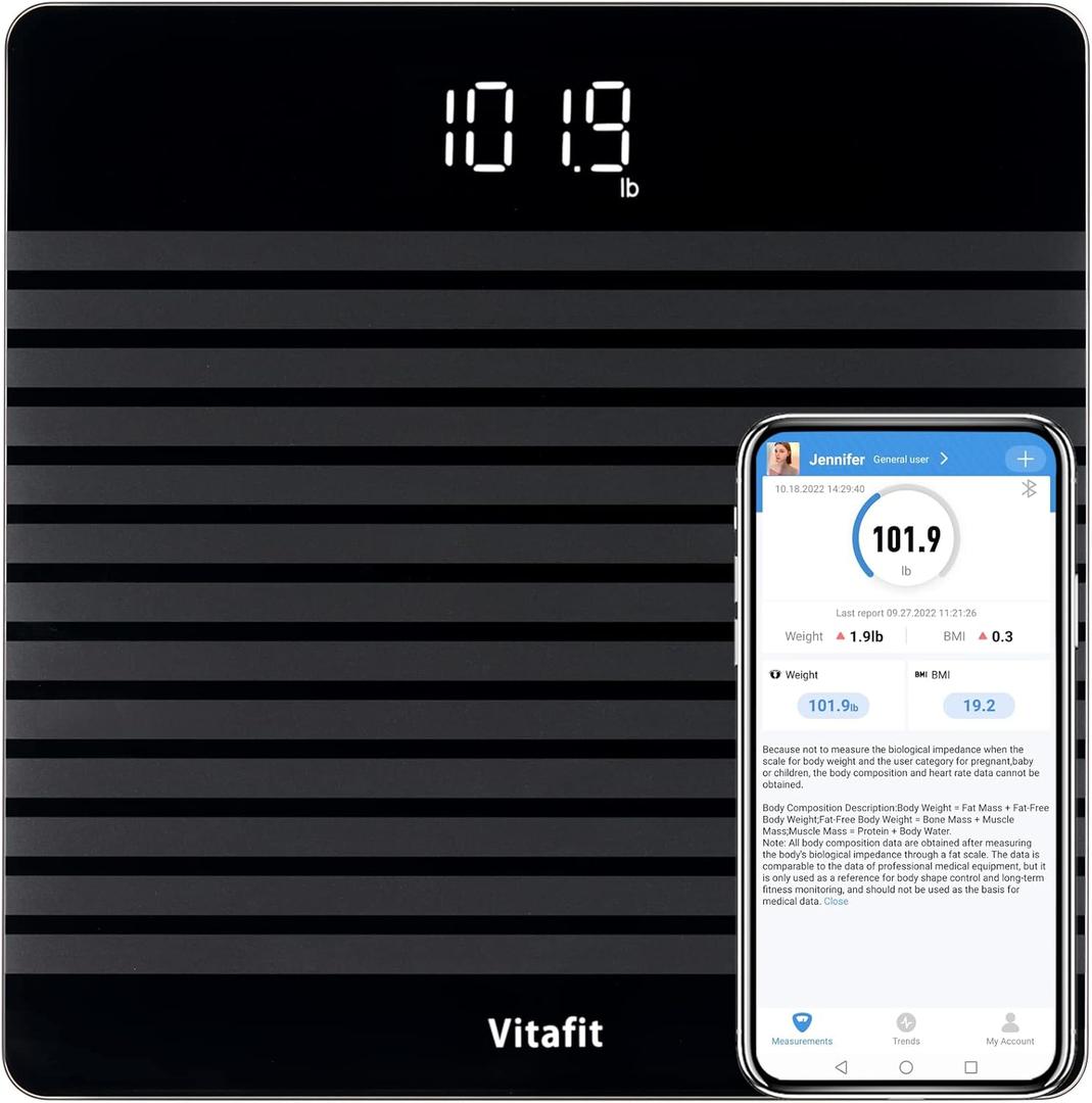 Vitafit Anti-Slip Smart Digital Bathroom Scale for Body Weight, High Accuracy Assured by Weighing Professional Since 2001, BMI with App,Black