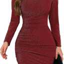 ihot Women's Glitter Party Dress Long Sleeve Crew Neck Faux Wrap Ruched Bodycon Sparkly Night Out Club Mini Dresses (Medium, Burgundy)