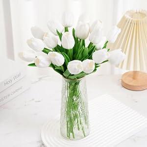 Beksodi 20Pcs Artificial Tulips Flowers, Real Touch Latex Fake Tulips Flowers for Decoration 13.5" Floral Arrangement Bulk Flowers for Vase Centerpieces Wedding Party, White 