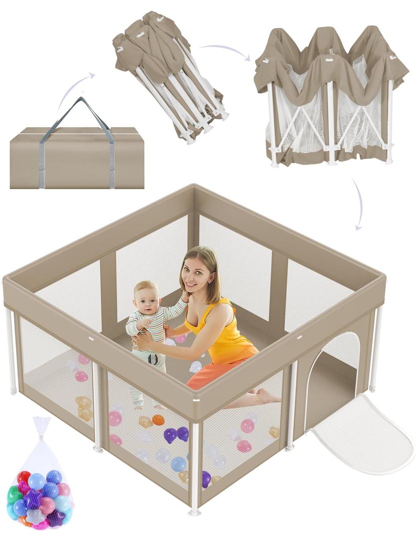 Foldable Baby Playpen 50"50", Playard for Babies and Toddlers, Portable Safety Baby Fence Lightweight,No Installation, Indoor & Outdoor Playpen with Ocean Balls*50, Beige