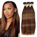 P4/30 Highlight Chocolate Bundles Straight Bundles Human Hair 30 32 34 Inch Unprocessed Brazilian Virgin Hair Weave 3 Bundle Brown Human Hair Extensions 50 Grams Per Bundle