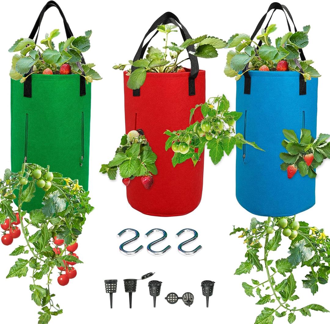 3 Piece Upside Down Tomato & Strawberry Planter Set - Hanging Grow Bags with 4 Side Zippers & 1 Bottom Zipper - Tomato Kit & Strawberry Kit for Easy Vertical Gardening