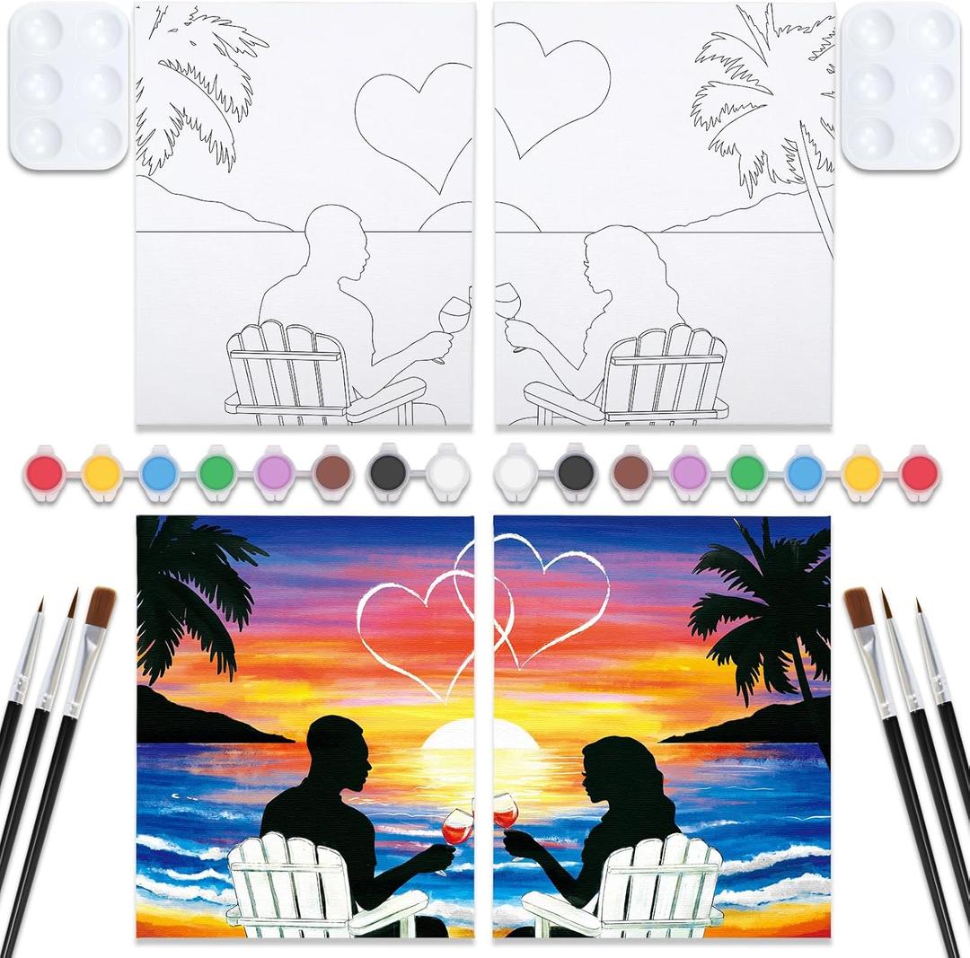 VOCHIC Sip and Paint Kit,Pre Drawn Canvas Couples Paint Party Kit Painting Art Set for Adults Date Night Sunset Beach Lovers 2 Pack (8 x 10 Inches)