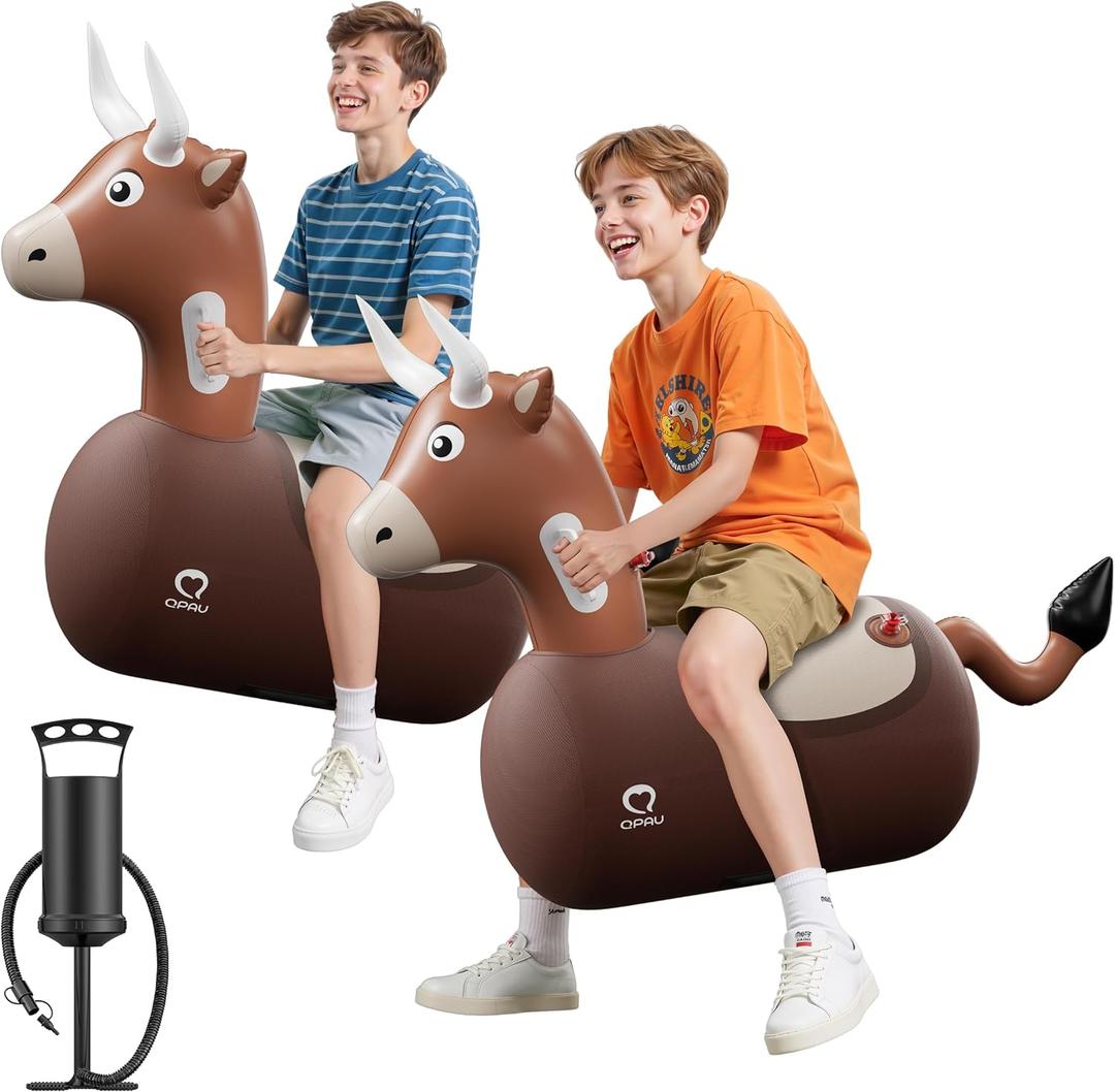 QPAU 2 Pack Large Inflatable Bull Hopper Bouncy Toy, 250lbs High Capacity Ride-on Animal for Kids & Adults, Soft Fabric Cover & Pump, Durable Puncture-Resistant Bouncer for Family Party Gift