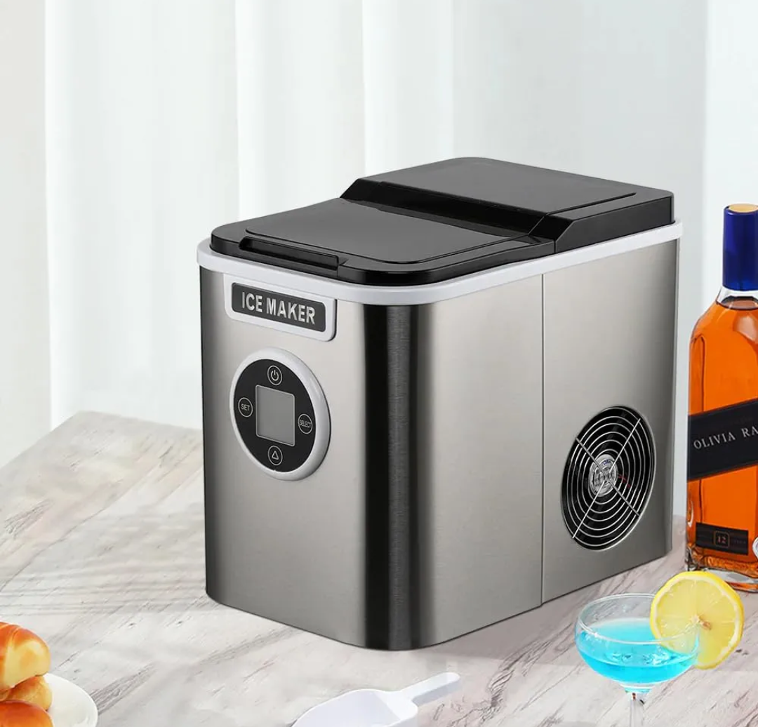 Countertop Ice Maker with 9 Bullet Ice in 7 Mins, Portable Ice Machine with Ice Scoop and Basket, 26.5lbs/24H, Self-Cleaning,Stainless,for Home Office Bar Party