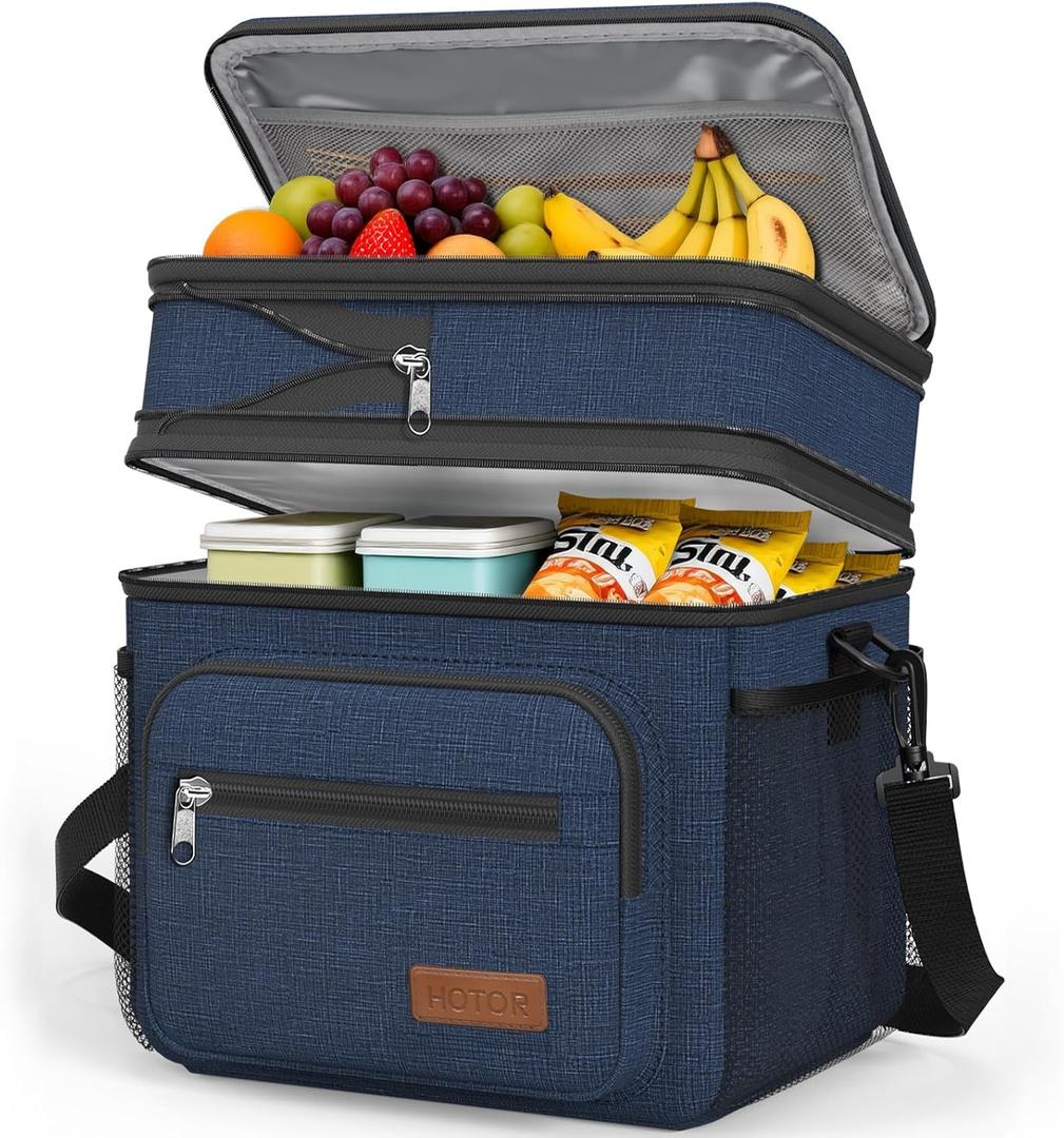 HOTOR Lunch Box for Men & Women - Double-Layer Insulated Lunch Bag with Leakproof Liner, Portable Cooler for Work, Travel, or Picnic, Dark Blue, 12L, 11.1" x 9.7" x 6.7"