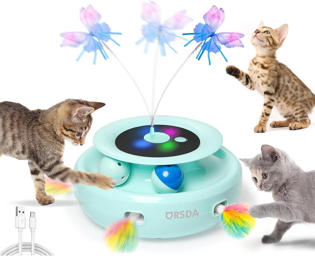 ORSDA Cat Toy, 3-in-1 Automatic Interactive Electronic Moving Ambush Feather, Fluttering Butterfly, Track Balls, USB Rechargeable Powered Smart Indoor Exercise Kicker (Green)