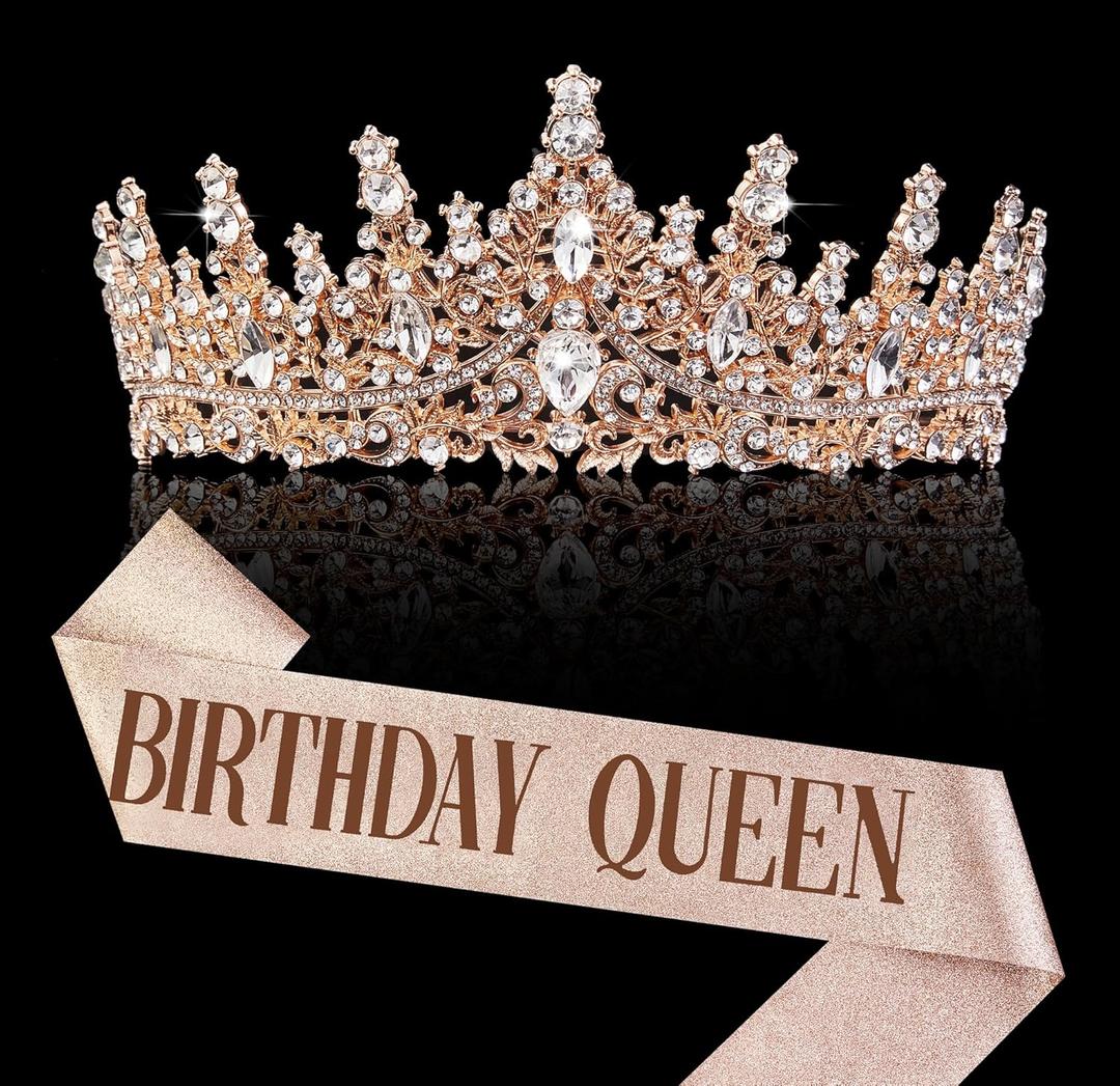 Rose Gold Crown for Women Birthday Queen Sash & Rhinestone Tiara Set Birthday Decoration Rhinestone Headband Glitter Crystal Hair Accessories for Party(Rose Gold2&Sash)