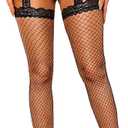 RSLOVE Fishnet Stockings for Women - Lace Top Thigh High Stockings Suspender Pantyhose with Antiskid Silicone, Black - Small Fishnet