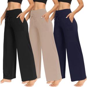 TNNZEET 3 Pack Women's Wide Leg Pants with Pockets - Casual Loose Yoga Trouser Pants Sweatpants Palazzo Lounge Pajama Pants (Black, Navy Blue, Khaki)