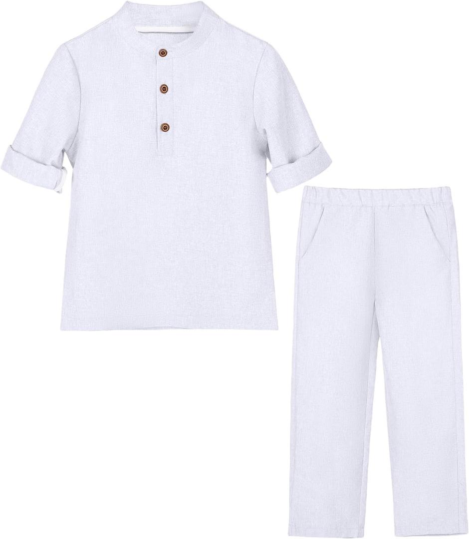 Boys 2 Piece Outfit Kids Summer Clothes for Teen Boy Button Down Shirt and Pants Set (11 Years, White)