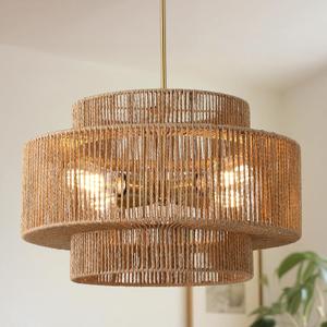 17.7" Boho Rattan Farmhouse Chandeliers for Dining Room,4-Light Hand-Woven Rustic Drum Chandelier Wicker Pendant Light Fixture for Kitchen Island,Bedroom,Living Room,Entryway Foyer