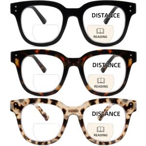 3 Pack Bifocal Reading Glasses For Women Clear Top Oversized Round Frame With Spring Hinge, 1.5X