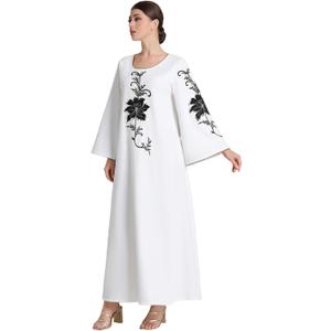 Elegant White Abaya for Women with Black Floral Embroidery and Beading Dubai Kaftan for Wedding Eid (Medium)