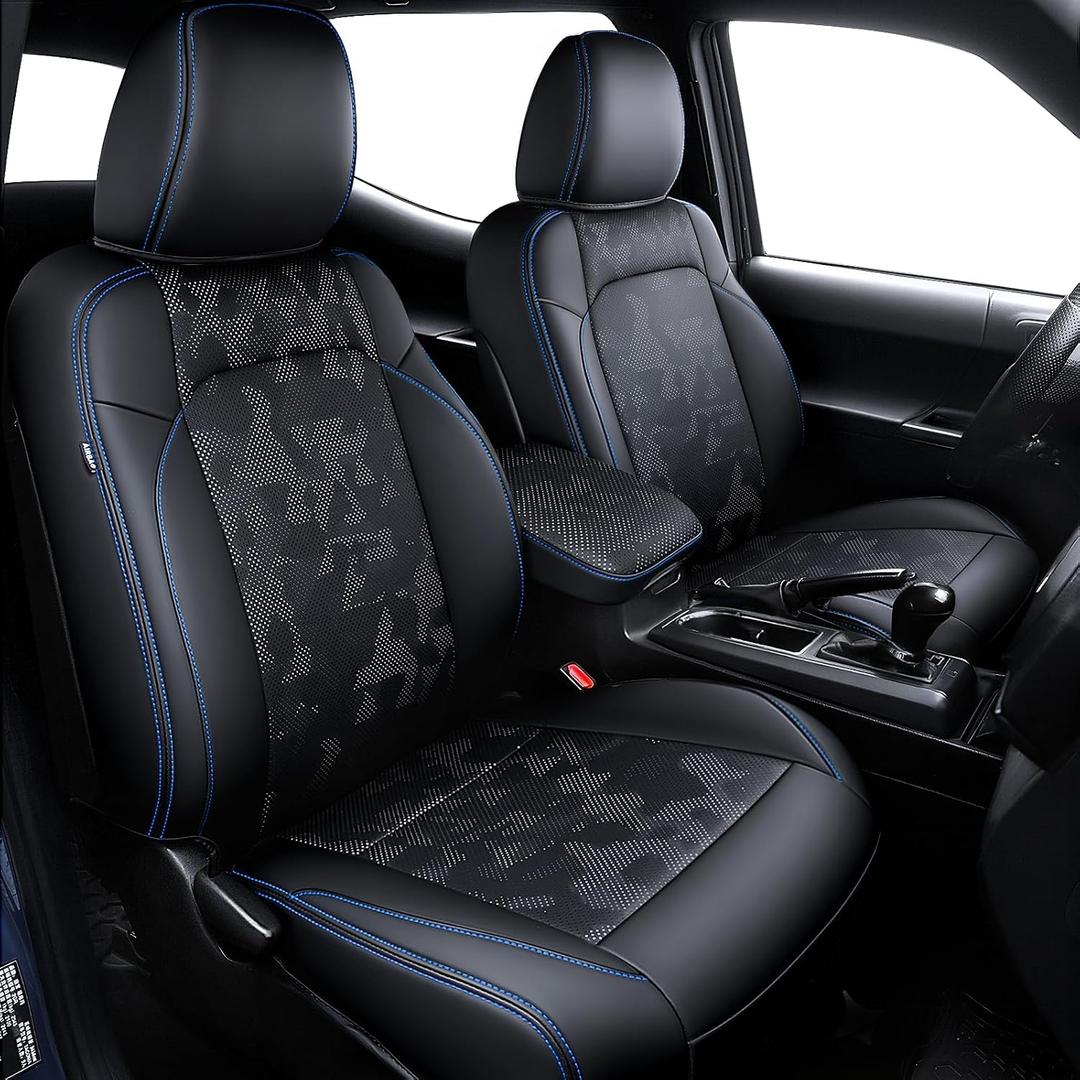 Leather Seat Covers Custom Fit for Tacoma Gen 3rd (2016-2023), ( CamoBlack-Blue Stitching ) & Full Set, For Tacoma Gen 3rd (2016-2023) & Crew Cab 